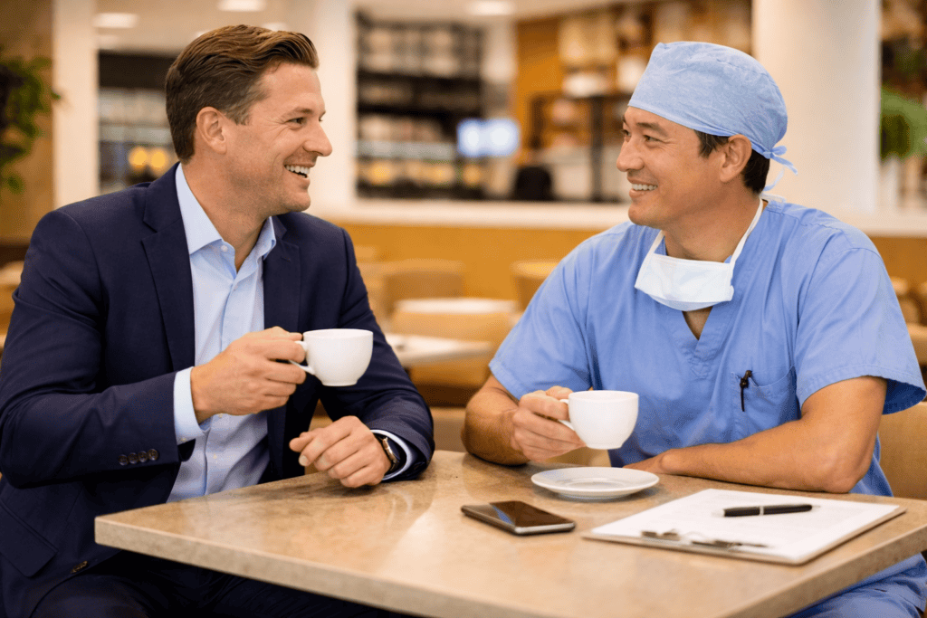 Patient and surgeon discussing treatment options over coffee.