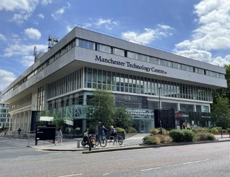 Exterior of Manchester Technology Centre, a modern building in Manchester, UK, showcasing innovative.