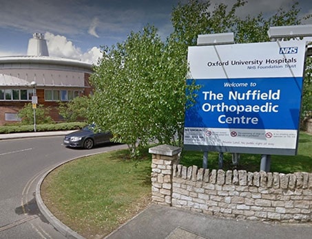 Entrance sign for Nuffield Orthopaedic Centre at Oxford University Hospitals.