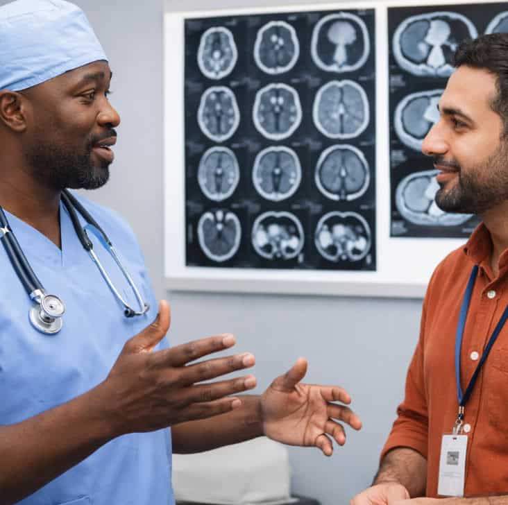 Medical professionals discussing patient care and collaboration.