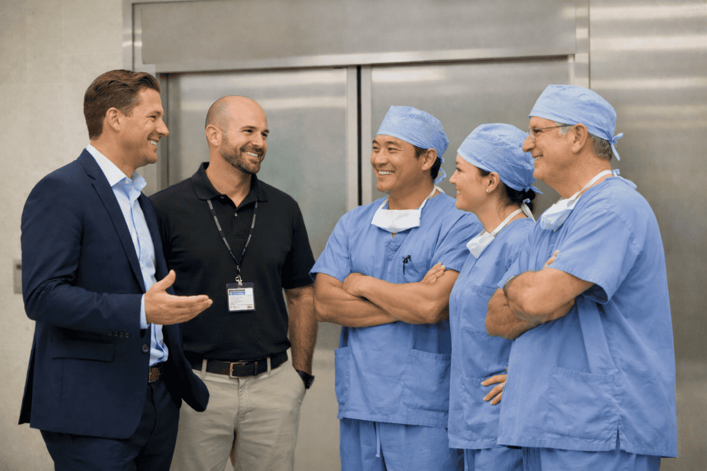 Surgeons and medical staff collaborating during a case study at Insight Surgery.